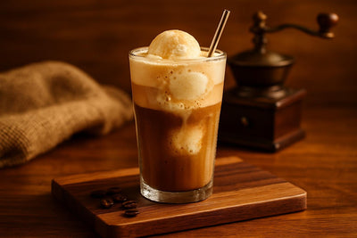 Affogato in a glass on an oak serving board