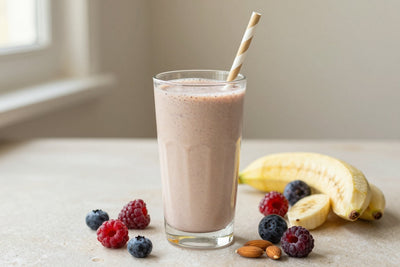 A tall glass of thick, creamy almond berry protein shake with a straw, a few of its fresh ingredients beside it