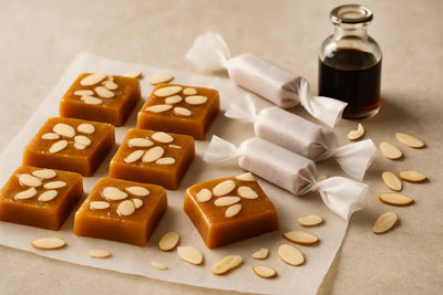 Almond Caramels cut and wrapped in wax paper