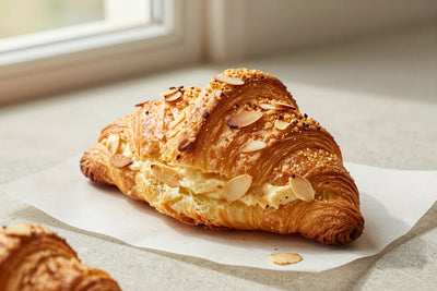 Golden, flaky almond croissants on parchment, one torn open to show the honeycomb layers