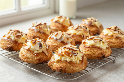 Almond danish on a wire rack, the glossy filling visible in the center of each pastry