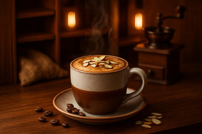 Almond Mocha in a ceramic mug on an oak bar