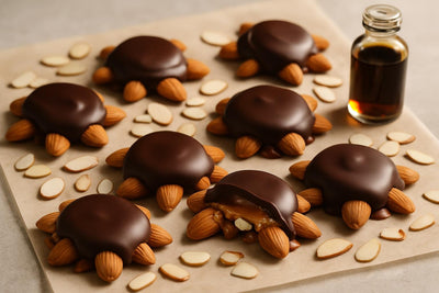 Homemade almond turtle candies on parchment