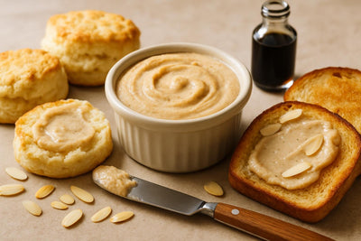 Almond Vanilla Butter in a crock with warm biscuits