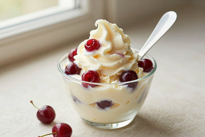 A generous swirl of amarena cherry-style gelato in a small glass cup with a flat gelato spade
