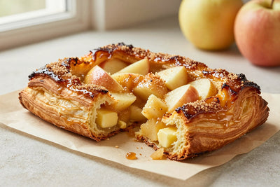 Caramelized, crackly apple kouign-amann on parchment, one torn open to show the buttery layers