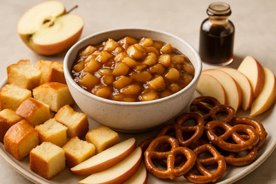 Bowl of apple pie dip with brioche, pretzels and fruit