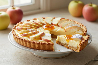 A apple tart on a cake stand with one slice cut out and served on a small plate