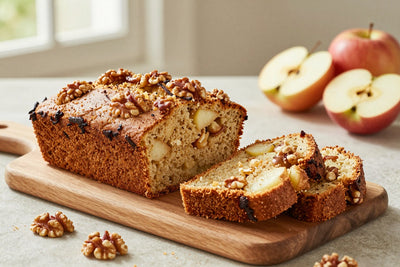 A loaf of apple walnut bread on a wooden board, two thick slices cut to show the moist crumb