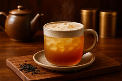 Arnold Palmer in a ceramic mug on an oak serving board