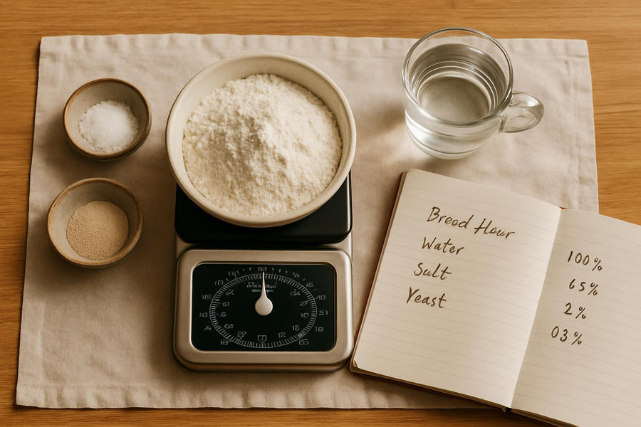 Kitchen scale weighing flour with ingredient bowls and baker's percentage notebook for bread baking