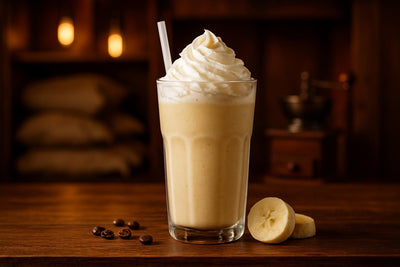 Banana Cream Frappé in a glass on an oak bar