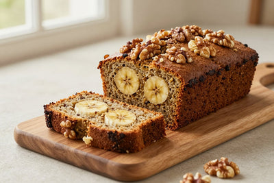 A loaf of banana nut bread on a wooden board, two thick slices cut to show the moist crumb