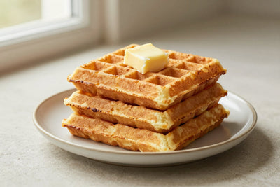 A stack of golden belgian-style yeast waffles on a plate with a pat of butter and the toppings from the recipe