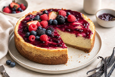 Berry vanilla cheesecake made with Indonesian vanilla