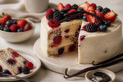 Berry vanilla layer cake made with Tahitian vanilla