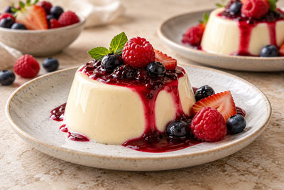 Berry Vanilla Panna Cotta, unmolded on a plate with vanilla beans