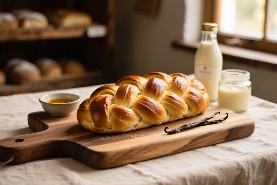 Braided challah bread with vanilla extract and vanilla bean on wooden board for bread baking guide