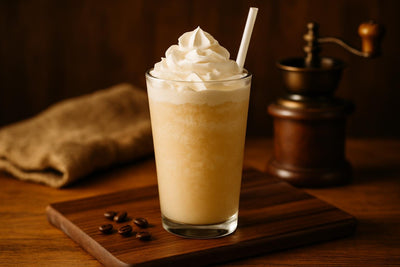 Birthday Cake Frappé in a glass on an oak serving board