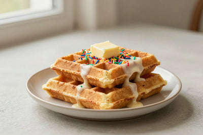 A stack of golden birthday cake waffles on a plate with a pat of butter and the toppings from the recipe