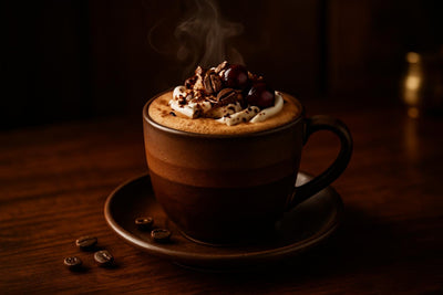 Black Forest Mocha in a ceramic mug on an oak bar