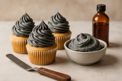 Cupcakes piped with black sesame Swiss meringue buttercream frosting