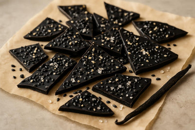 Shards of black sesame vanilla bark on parchment