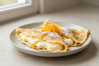 Folded blender crêpes on a plate, the filling and toppings from the recipe clearly visible