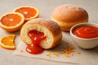 Filled doughnut cut open to show blood orange curd