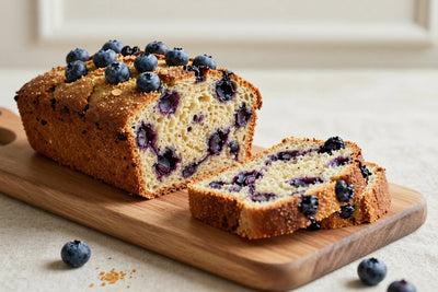 A loaf of blueberry bread on a wooden board, two thick slices cut to show the moist crumb