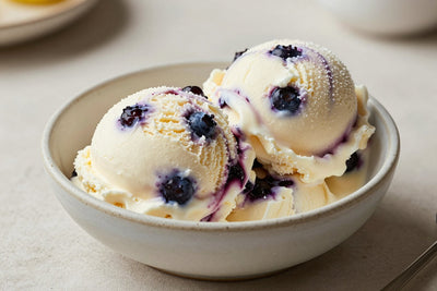 Two generous scoops of blueberry cheesecake ice cream in a shallow ceramic bowl, softly melting at the edges