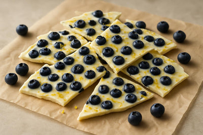 Shards of blueberry lemon bark on parchment