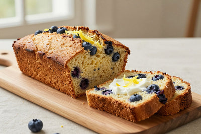 A loaf of blueberry lemon bread on a wooden board, two thick slices cut to show the moist crumb