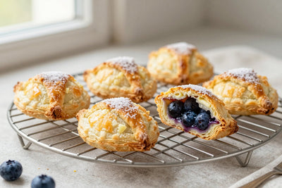 Golden blueberry turnovers on a wire rack, one cut open to show the filling