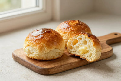 A glossy, deep golden brioche à tête on a wooden board, one piece torn open to show the soft, feathery crumb