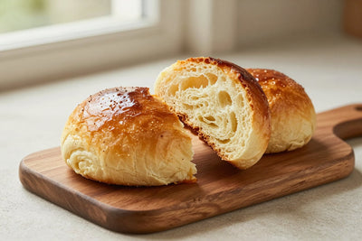 A glossy, deep golden brioche buns on a wooden board, one piece torn open to show the soft, feathery crumb