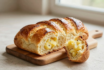A glossy, deep golden brioche nanterre on a wooden board, one piece torn open to show the soft, feathery crumb