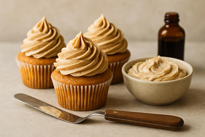 Cupcakes piped with brown butter cream cheese frosting