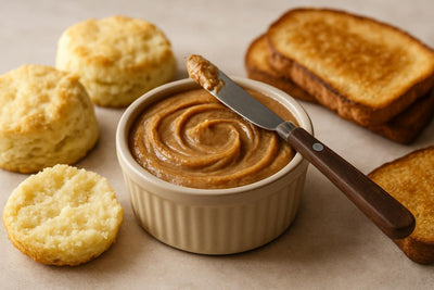 Brown Butter Maple Spread in a crock with warm biscuits