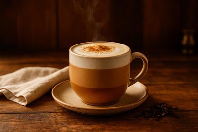 Brown Sugar Chai Latte in a ceramic mug on an oak table