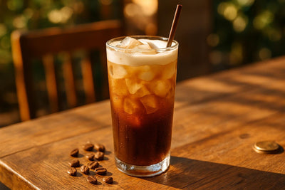 Brown Sugar Cold Brew in a glass on an oak patio table