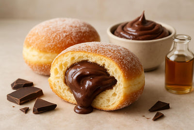 Filled doughnut cut open to show brownie batter cream filling