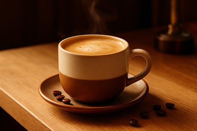 Café au Lait in a ceramic mug on an oak kitchen island