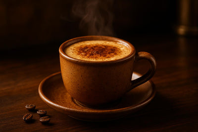 Café de Olla in a ceramic mug on an oak bar
