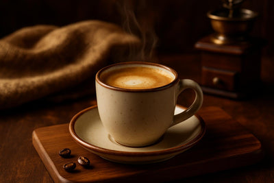 Café Noisette in a ceramic mug on an oak serving board