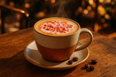 Candy Cane Latte in a ceramic mug on an oak patio table