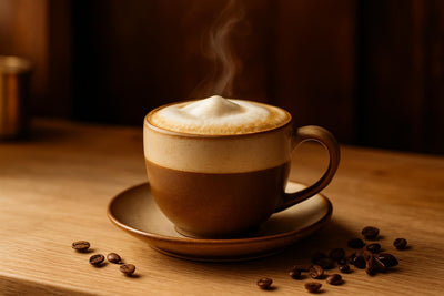 Cappuccino in a ceramic mug on an oak kitchen island