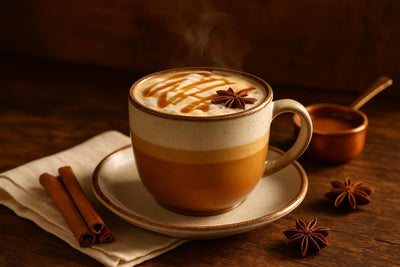 Caramel Chai in a ceramic mug on an oak table