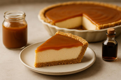 Slice of caramel cheesecake pie