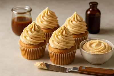 Cupcakes piped with caramel cream cheese frosting